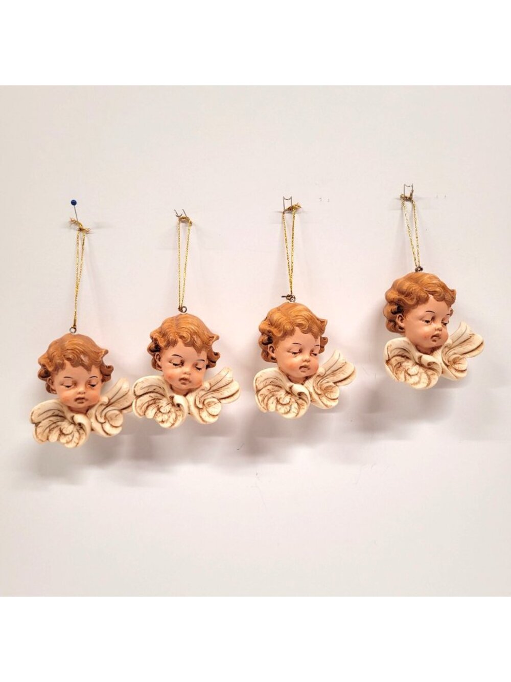 Set Of 4 Vintage Angel Head Hanging Hard Plastic Ornaments With Wing Details